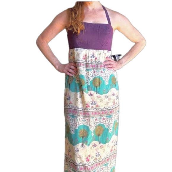 Anthropologie Maeve Purple Skoura Idyll Tree Print Halter Maxi Dress Size 0 - Picture 1 of 14
